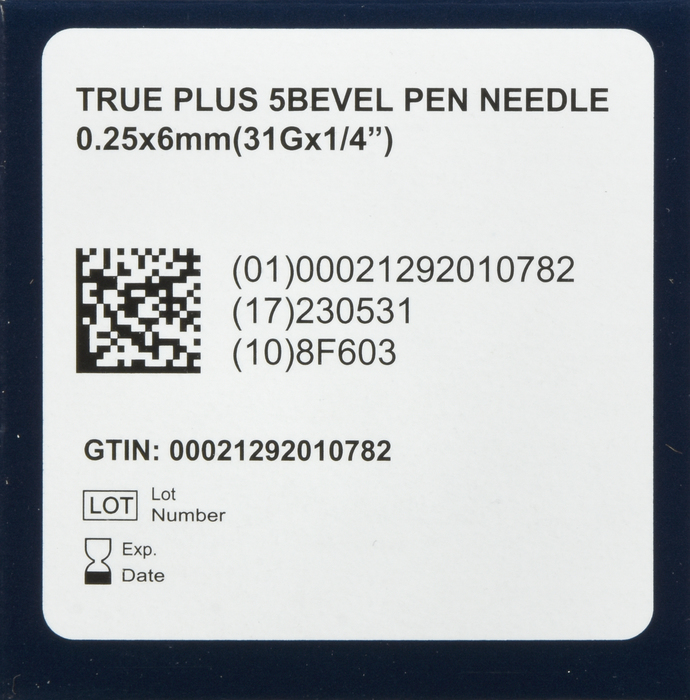 TRUEplus 5-Bevel Pen Needles 31Gx6mm 100ct