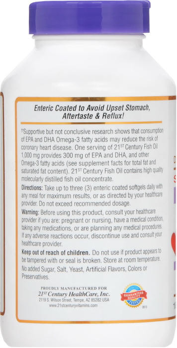 21st Century Enteric Coated Fish Oil 1000mg Softgels 180ct