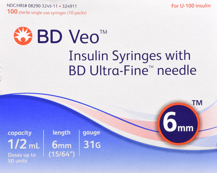 BD Veo Insulin Syringes 0.5mL 31Gx6mm 100ct