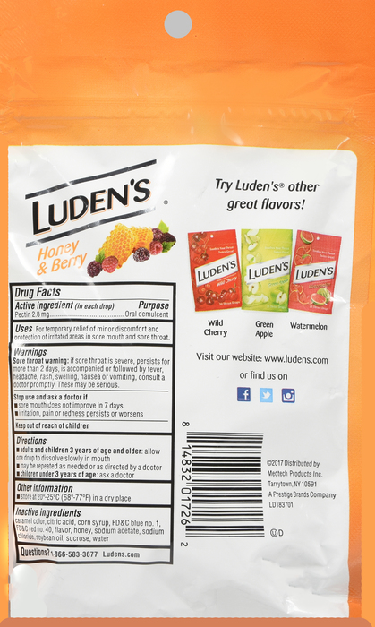 LUDENS BAG HONEY BERRY DROPS 25 CT