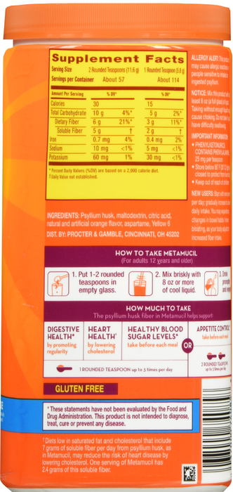 Metamucil Psyllium Sugar-Free Fiber Supplement Orange Powder 23.3oz