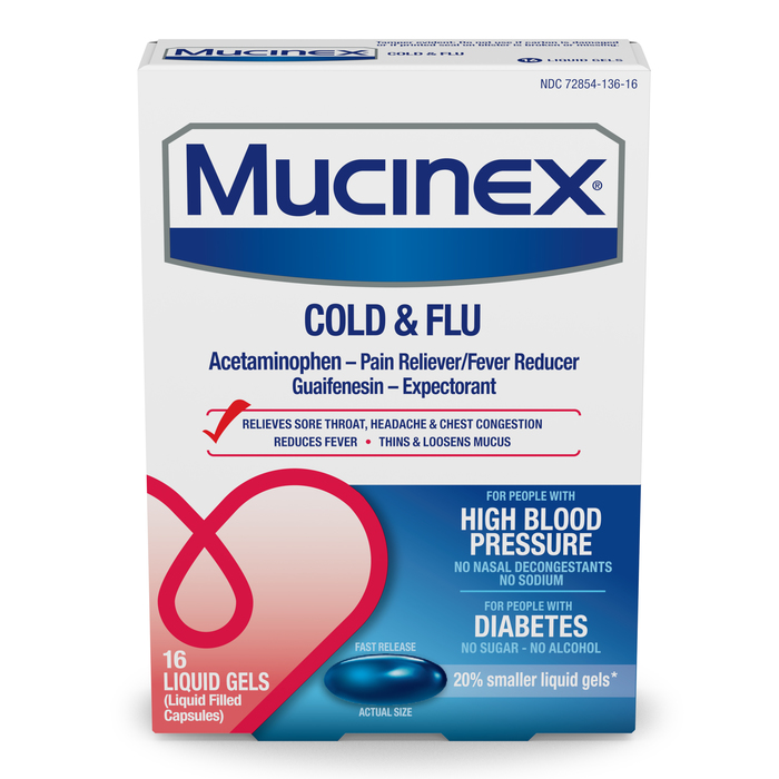 Mucinex Cold & Flu HBP-Diabetes Liquid Gels 16ct