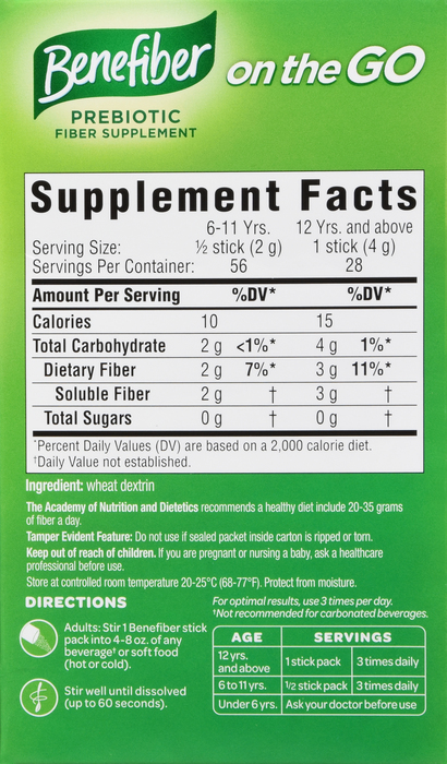 Benefiber Fiber Supplement On the Go Unflavored Stick Packs 28ct