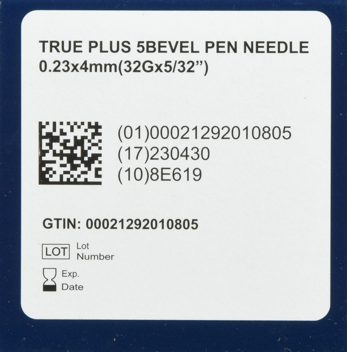 TRUEplus 5-Bevel Pen Needles 32Gx4mm 100ct