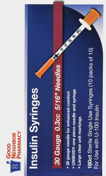 Good Neighbor Pharmacy Insulin Syringes 30Gx5/16" 0.3cc 100ct