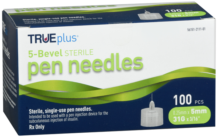 TRUEplus 5-Bevel Pen Needles 31Gx5mm 100ct