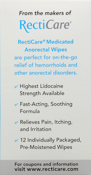 RECTICARE MEDICATED ANORECTAL WIPES 12CT