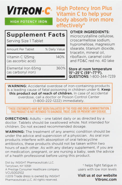 Vitron-C High Potency Iron Supplement with Vitamin C 60ct