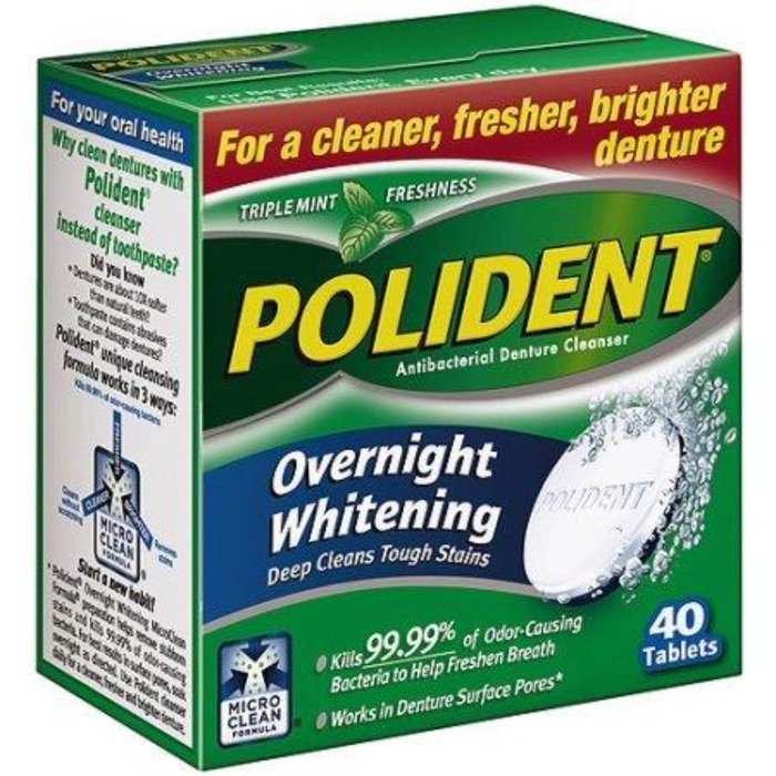 Polident Antibacterial Denture Cleanser Overnight Whitening Effervescent Tablets 40ct