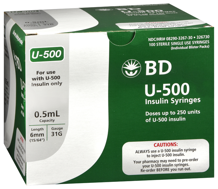 BD U-500 Insulin Syringes 0.5mL 31Gx6mm 100ct