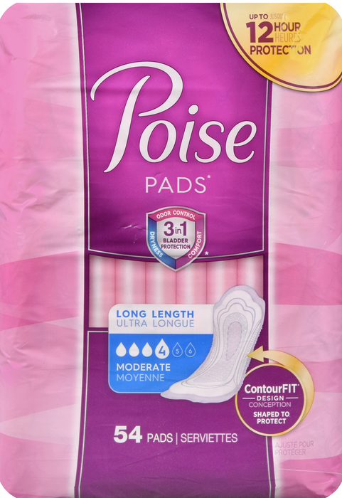 Poise Long Length Moderate Absorbency Pads 54ct