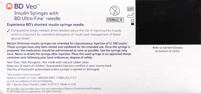 BD Veo Insulin Syringes 0.5mL 31Gx6mm 100ct