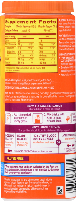 Metamucil Psyllium Sugar-Free Fiber Supplement Orange Powder 15oz