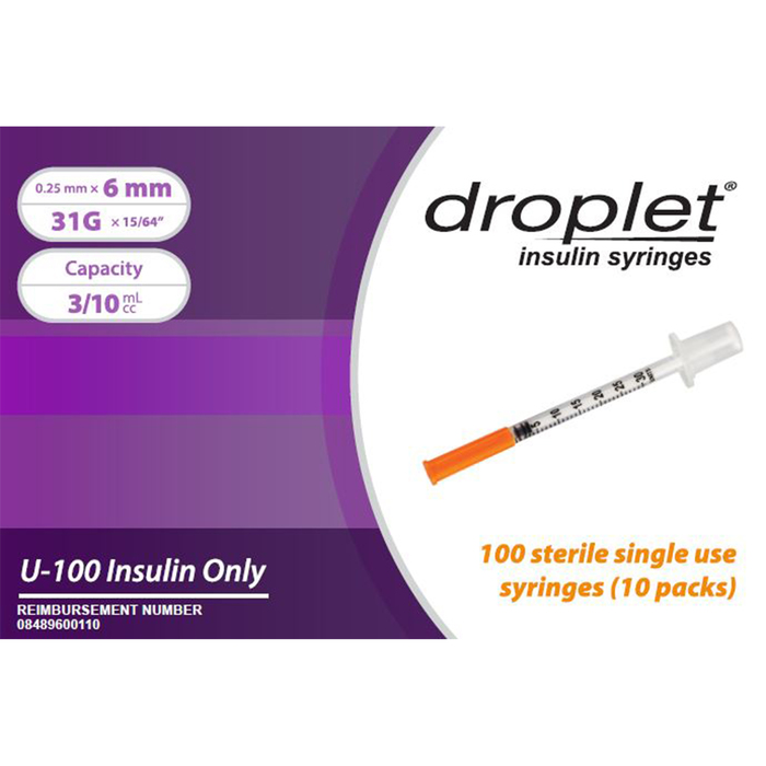 Droplet Insulin Syringe 31Gx 6mm 0.3mL 100ct