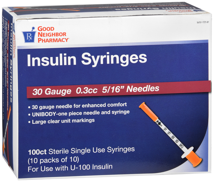 Good Neighbor Pharmacy Insulin Syringes 30Gx5/16" 0.3cc 100ct