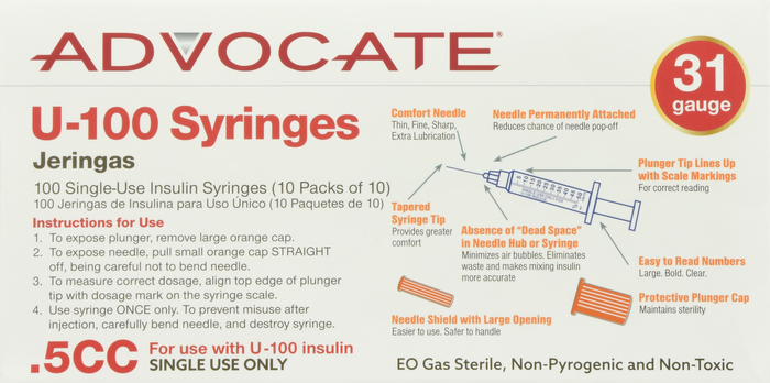 ADVOCATE INSULIN SYRINGE 31G .5CC 100CT