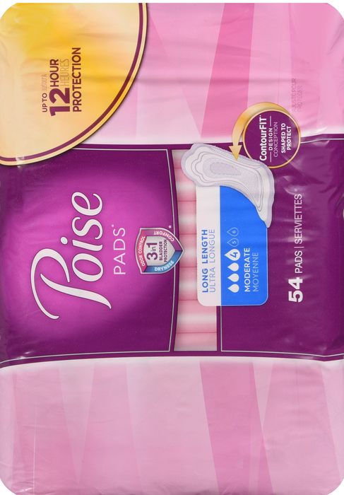 Poise Long Length Moderate Absorbency Pads 54ct