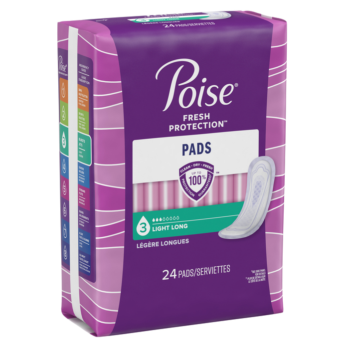 Poise Long Length Light Absorbency Female Incontinent Pad 24ct