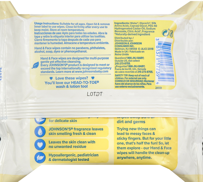 JOHNSONS HAND AND FACE WIPES 25CT