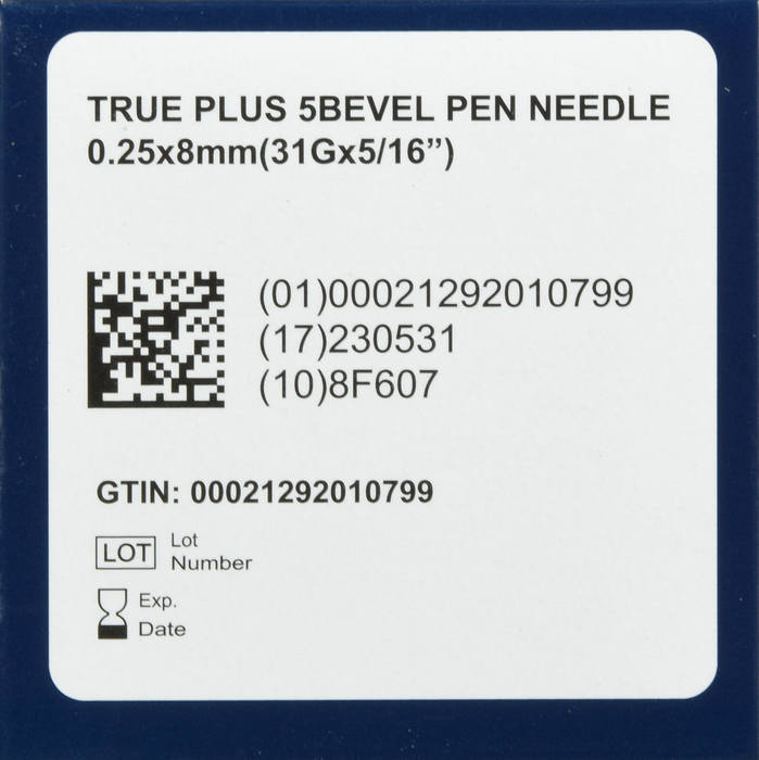 TRUEplus 5-Bevel Pen Needles 31Gx8mm 100ct