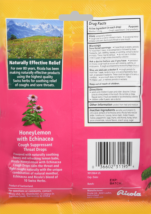 RICOLA BAG HONEY LMN ECHINACEA DRP 19CT