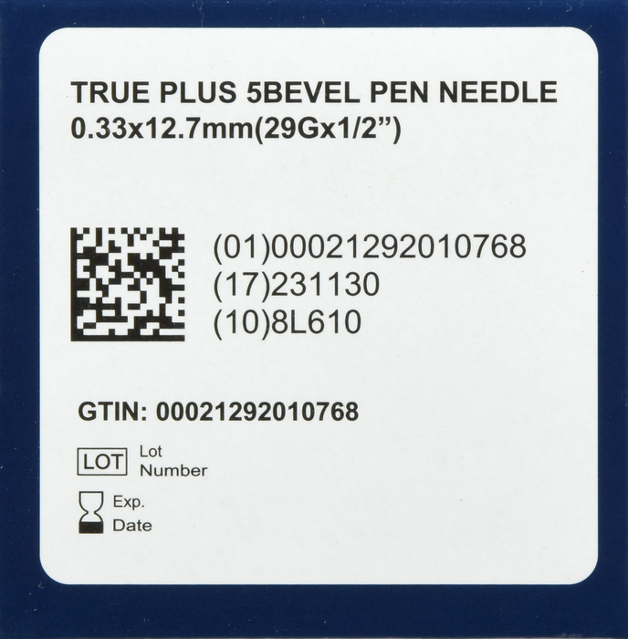 TRUEplus 5-Bevel Pen Needles 29Gx12.7mm 100ct