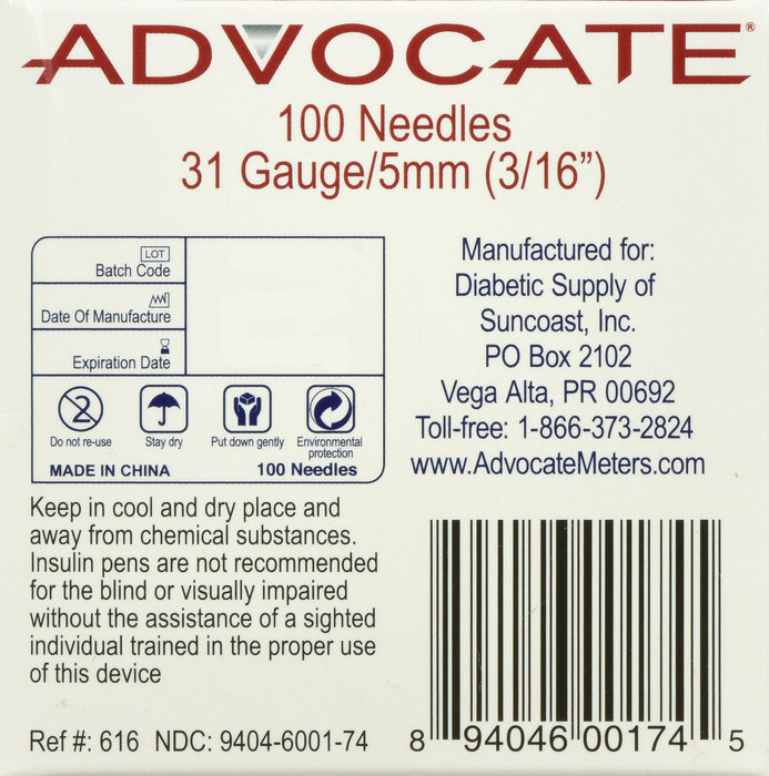 ADVOCATE PEN NEEDLE 31G/5MM 100CT