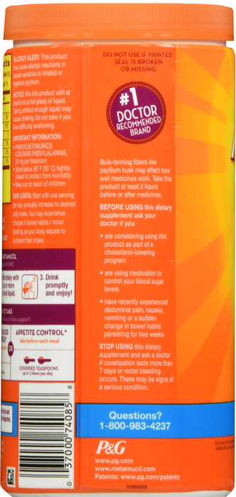 Metamucil Psyllium Sugar-Free Fiber Supplement Orange Powder 23.3oz