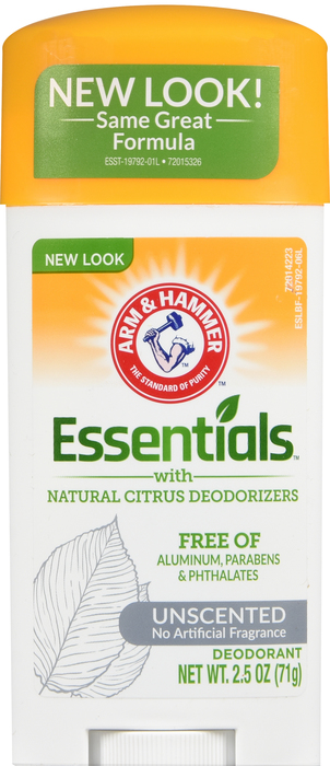 ARM & HAMMER ESSENTIALS NATURAL DEODORANT SOLID UNSCENTED 2.5OZ