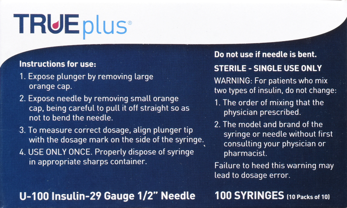 TRUEPLUS SYRINGE 1/2" 29GX3/10CC 100CT